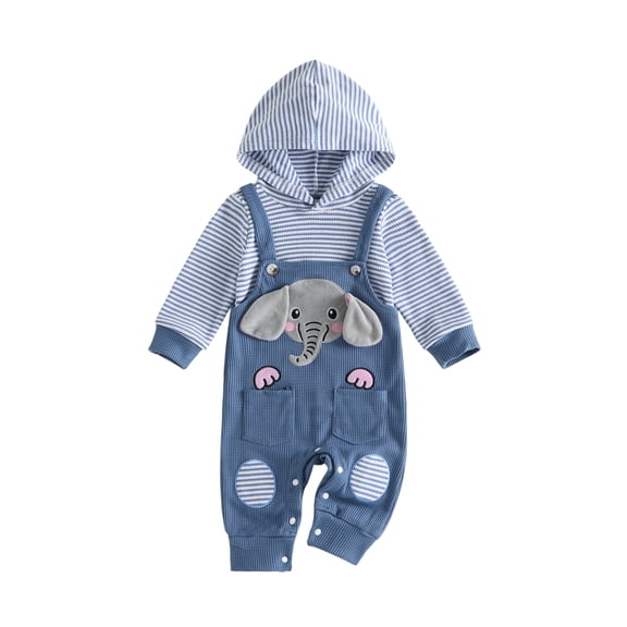 RUINIXCW Newborn Baby Boy Spring Fall Winter Clothes Infant Boy Striped Hood Romper False Two-Piece Outfit Elephant Embroidery Long Sleeve Jumpsuit