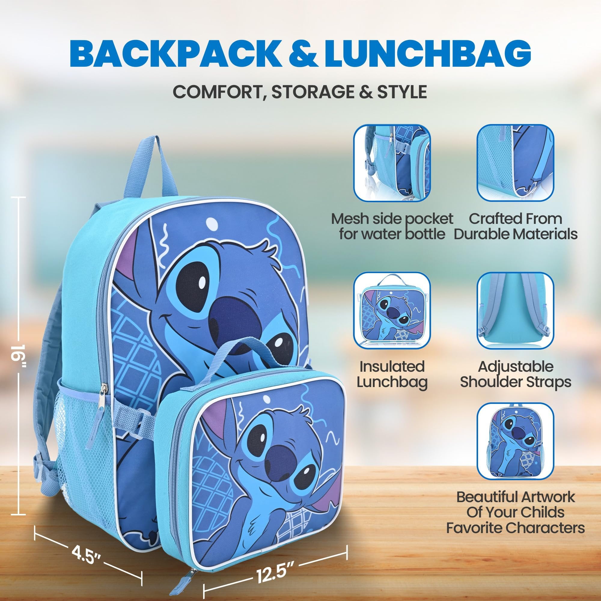 Fast Forward Disney Stitch 16" Backpacks With Lunch Bag - Licensed Characters Kids Schoolbag