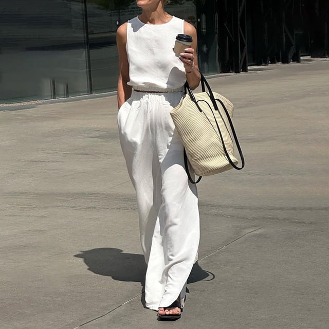 Trajes De Verano De 2 Piezas Conjunto de pantalón de 2 piezas para damas Color sólido Algodón Lino Recortado Tops Pantalones Traje diario Cgtredaw Blanco L para Mujer