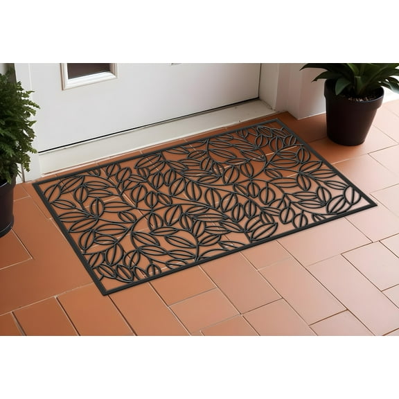HomeRoots 555230 24 x 36 in. Black Rubber Botanical Leaves Outdoor Door Mat