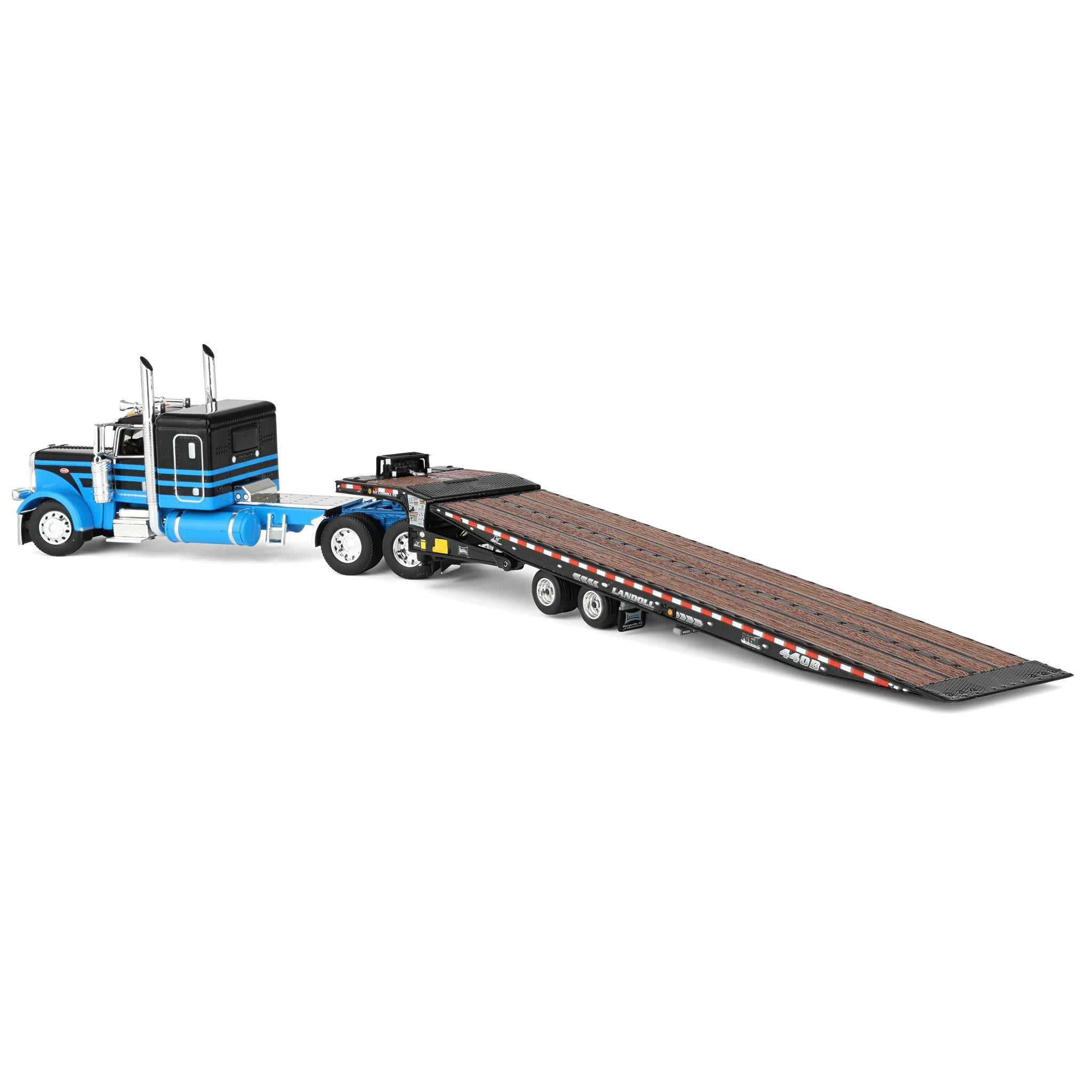 First Gear DCP 1/64 Peterbilt 389 Flat Top Sleeper Semi Truck with Landoll 440B-50CA Traveling Axle Trailer, Blue/Black 60-2190