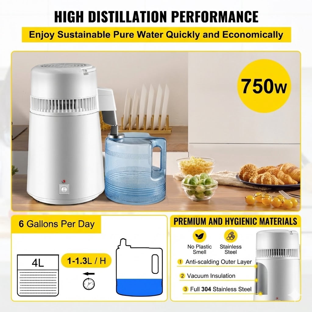 Pure Water Distiller 750W, Purifier Filter Fully Upgraded with Handle 1.1 Gal /4L, BPA Free Container, Perfect for Home Use, White