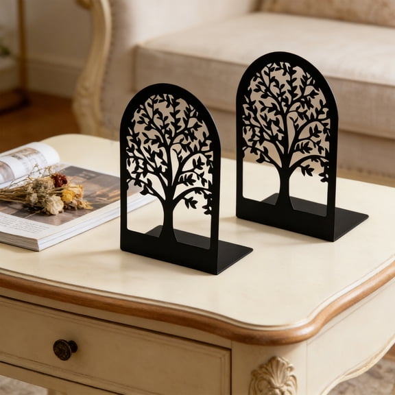 Eespoir Book Ends, Metal Bookends for Shelves, Decorative Tree Stopper for Heavy Books, Sturdy Black Ends for Home Office, Library