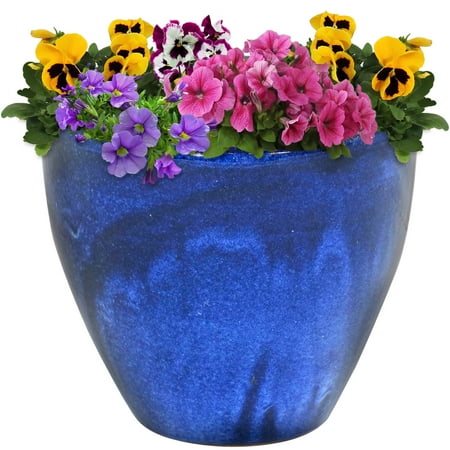 Sunnydaze Resort 13.5" x 13.5" x 12" Round Imperial Blue Ceramic Outdoor Planter