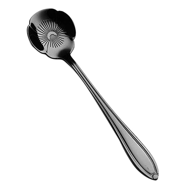 cucharas de espresso gloria cuchara de té de café acero inoxidable color negro cucharilla de 12.5x2.8 cm, vista diagonal, cucharilla negra de acero inoxidable con mango alargado con ranuras y cabeza en forma de flor con patrón radial tipo pensamiento; apta para uso en té, café y postres en hogar o cafetería.
