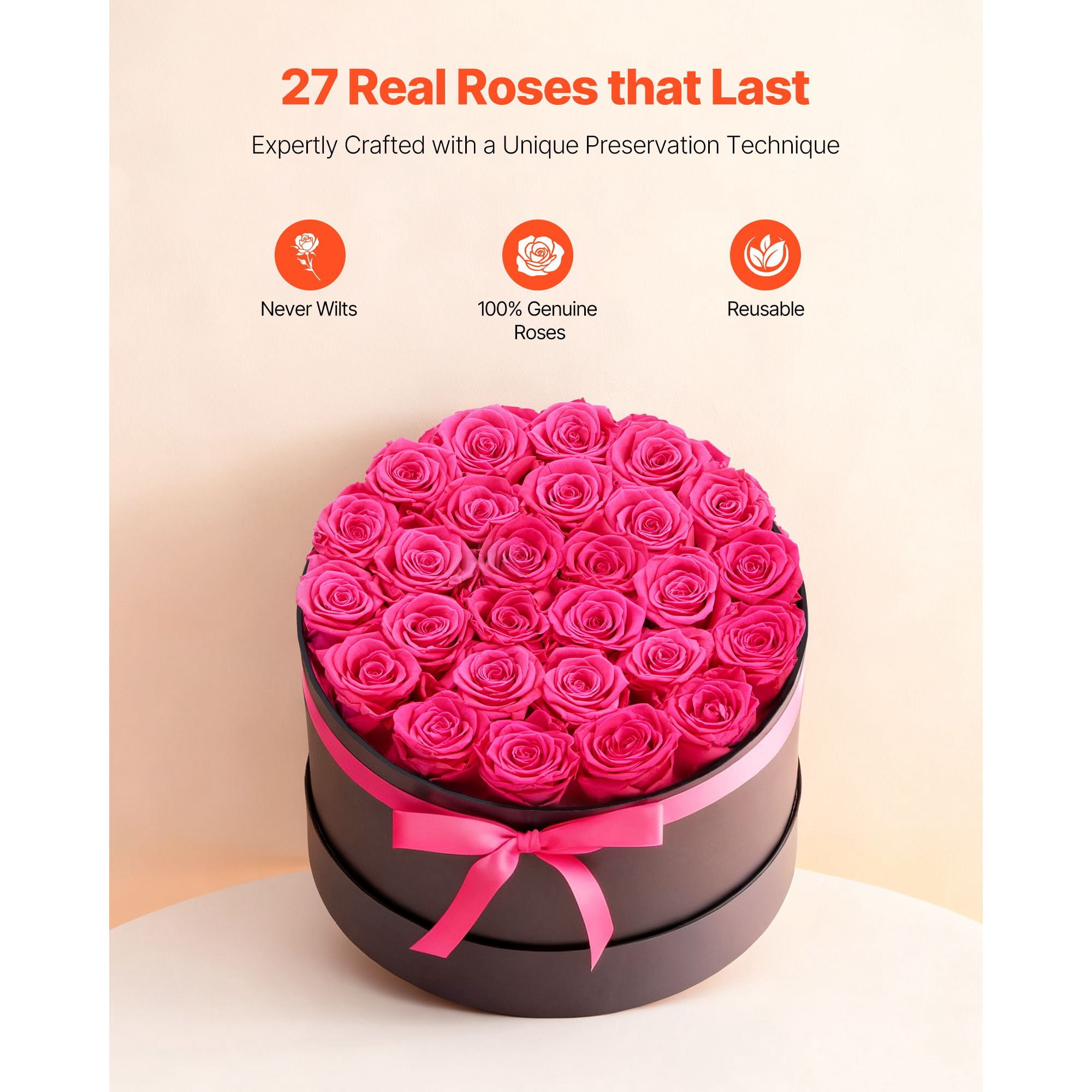 Preserved Roses 27 Real Roses in Round Box, Lasts Up to 3 Years, No Watering Needed, Light Rose Fragrance, Romantic Gift for Valentine's Day Birthday Christmas