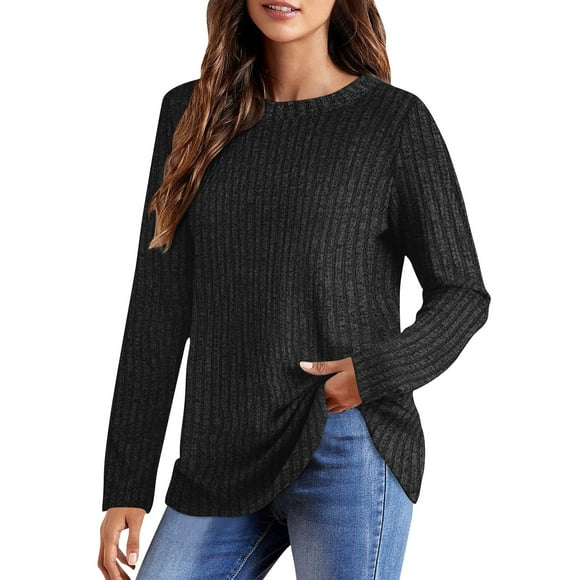 Black Ribbed Striped Plain Lounge Tee Shirts for Women Fall Winter Crewneck Spandex Loose Fit Long Tee Shirt Tops Ladies 2025 Clothes Country Concert L