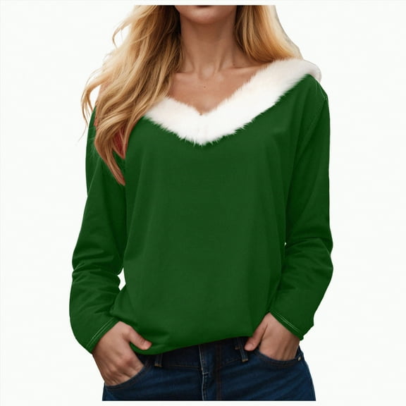 Kaprioy Sweaters for Women Fur Trim V Neck Sweatshirts Christmas Graphic Solid Color Long Sleeve Pullover Tops Green, XL
