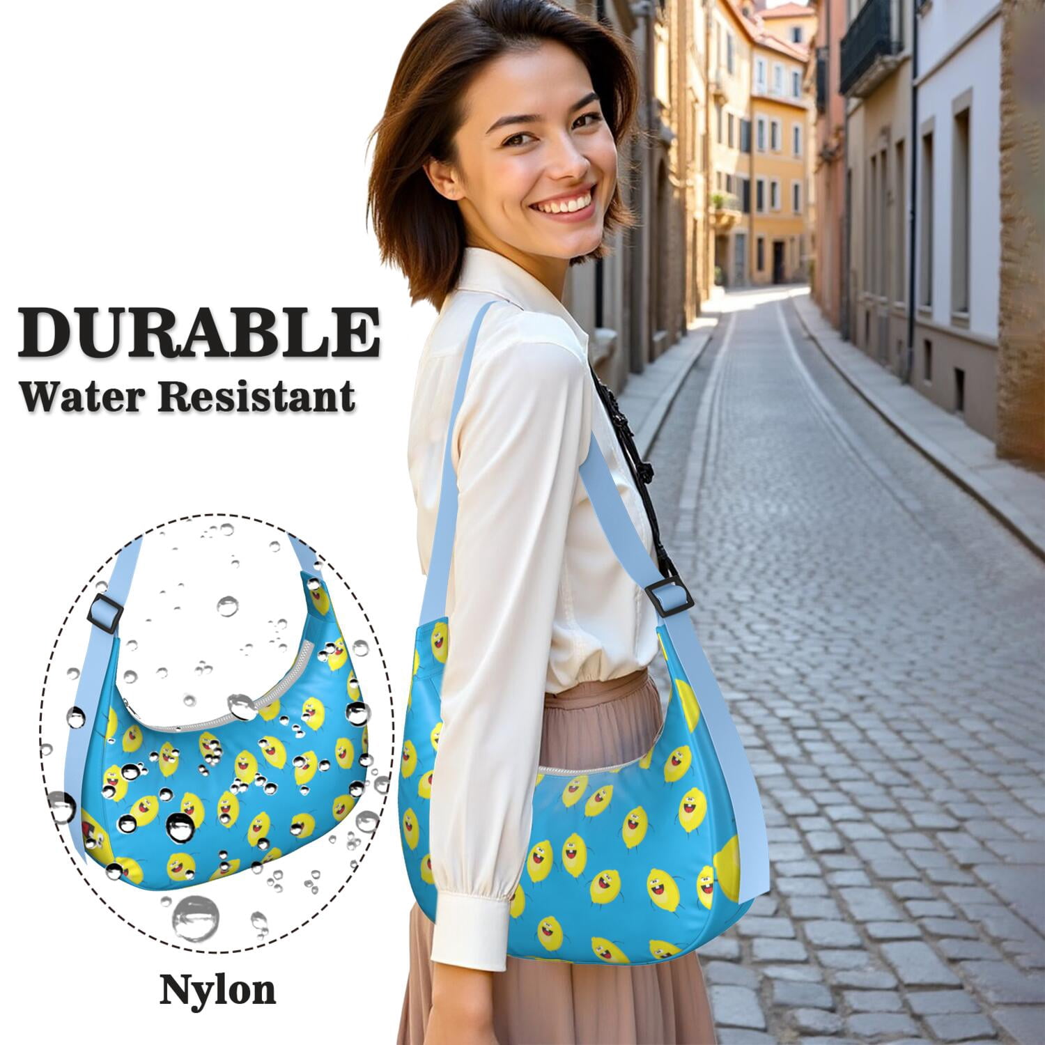 Modern Lemon Print Nylon Shoulder Handbag for Women, Yellow Fruit Pattern Hobo Crossbody Tote, Lightweight Water-Resistant Purse for Summer Travel