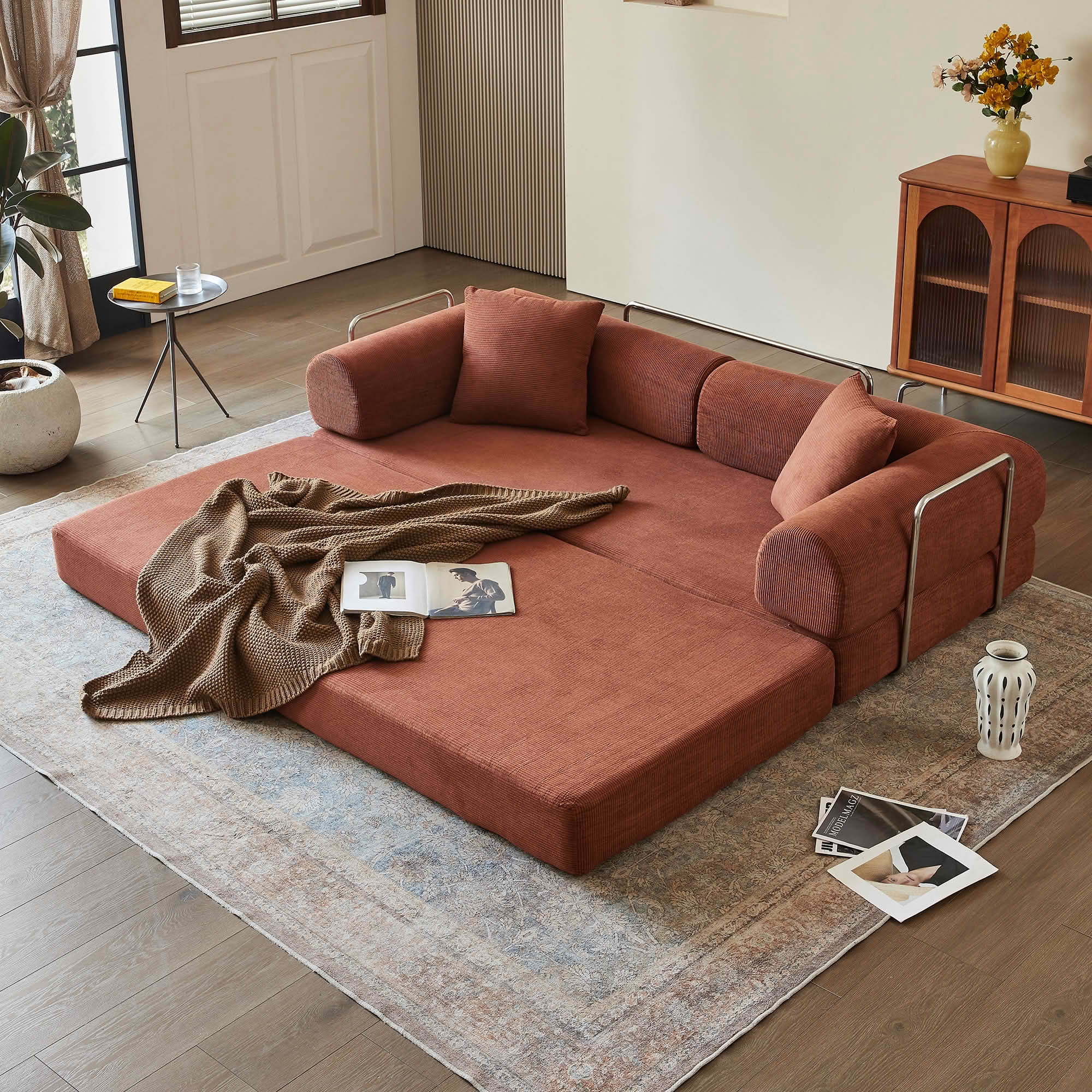 MAYEERTY 78.8 Inch Compression Convertible Floor Sofa Bed, Boneless Modular Sectional Loveseat Couch with Pillow Back & Armrest, Plush Corduroy Futon Sleeper Sofa for Living Room Bedroom