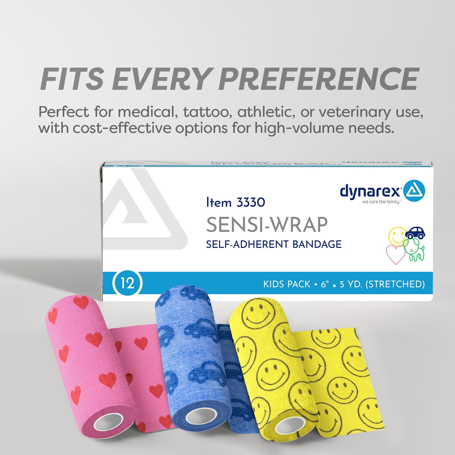 Dynarex Sensi-Wrap Self-Adhesive Bandages, 12-Pack, 6" x 5 yards, Assorted Colors - for Kids, Latex-Free, Colored Elastic Cohesive Athletic Tape, Tattoo Grip & Vet Wrap
