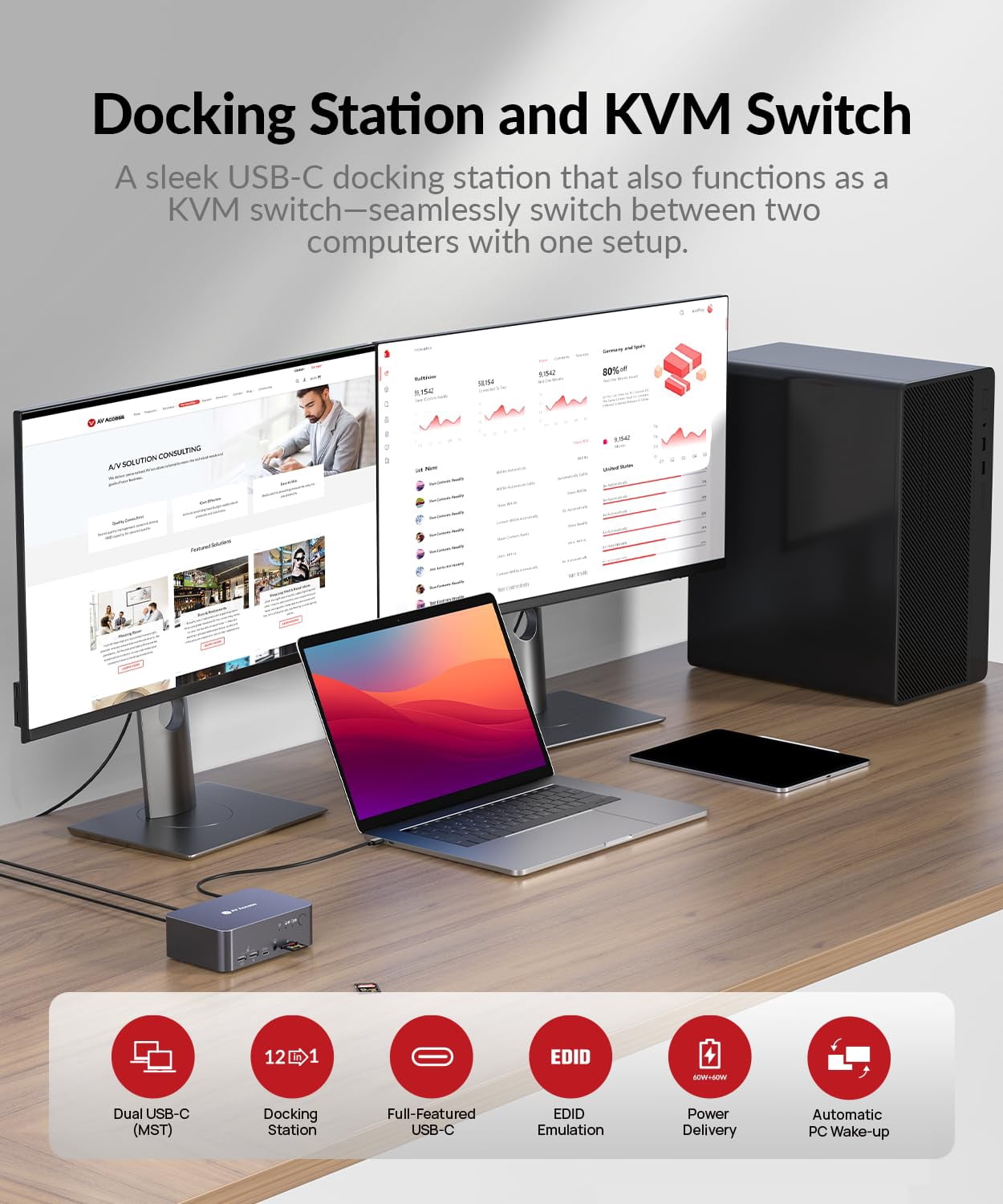 v AV Access Docking Station KVM Switch Dual Monitor for Laptop & Desktop - USB C Charge, Full Aluminum, KVM Switcher for 2 PCs with Ethernet, EDID, 4K@60Hz/2K@144Hz/1080P@240Hz, 3xUSB 3.0(iDock-C10)