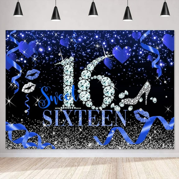 Blue and Silver Sweet 16 Birthday Backdrop Glitter Bokeh Hearts Sweet Sixteen Birthday Background for Girls Princess 16th Birthday Party Decorations Cake Table Banner Photo Booth Props