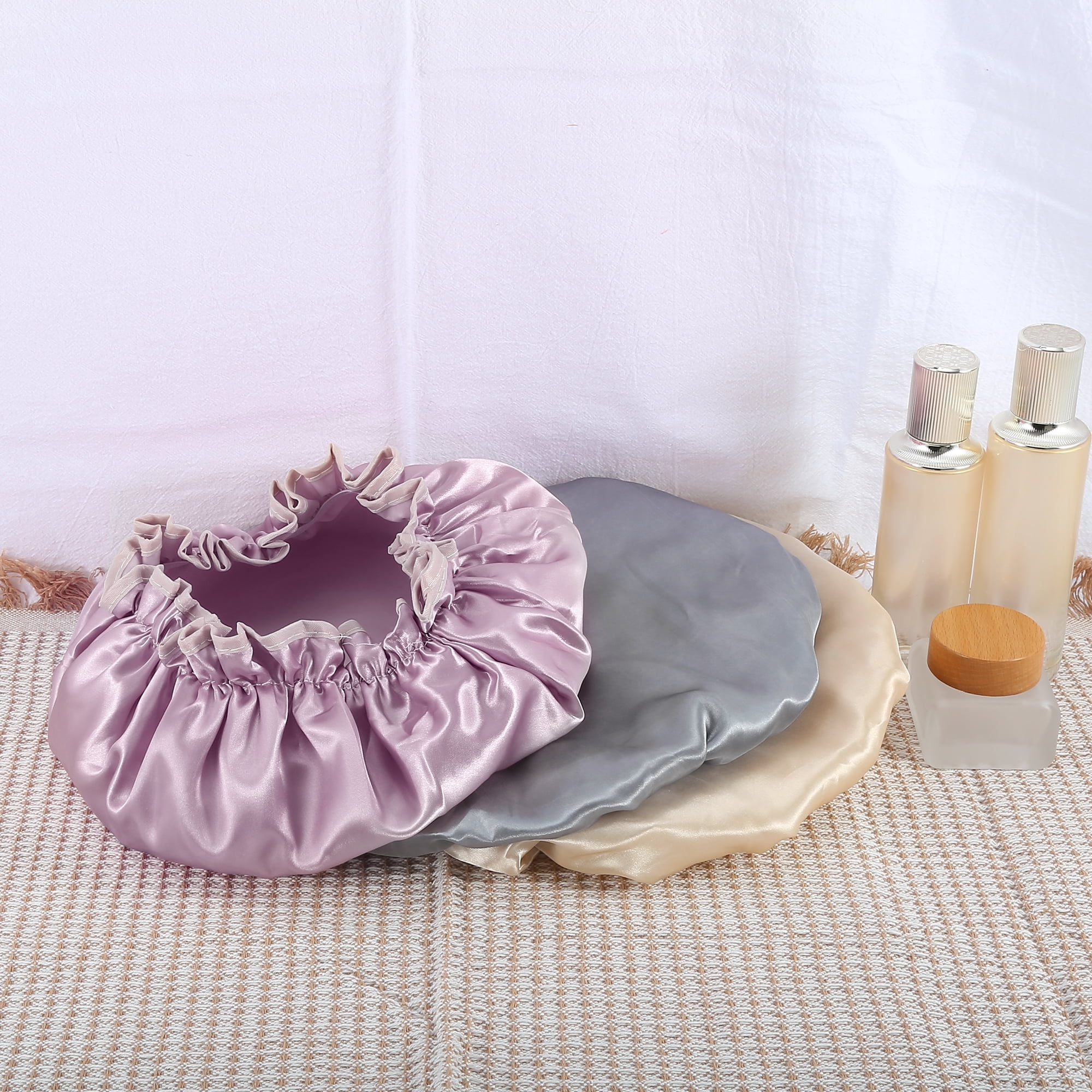 Unique Bargains 3 Pcs Women's Reusable Waterproof Shower Cap Pink Champagne Gray