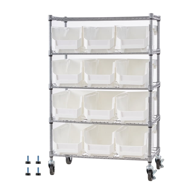 KFFKFF 5-Tier Rolling Bin Storage Rack, 12 Organizer Bins, Bin Rack Storage Steel Wire Shelving System with Wheels, Mobile Tool Organizer