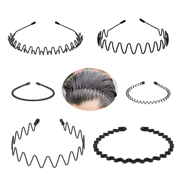 Metal Headbands for Men/Women, 90s Comb Headband Wavy Hairband Spring Hair Hoop, Black Metal Unisex Male/Female Elastic Non Slip Hair Band, Pack of 6