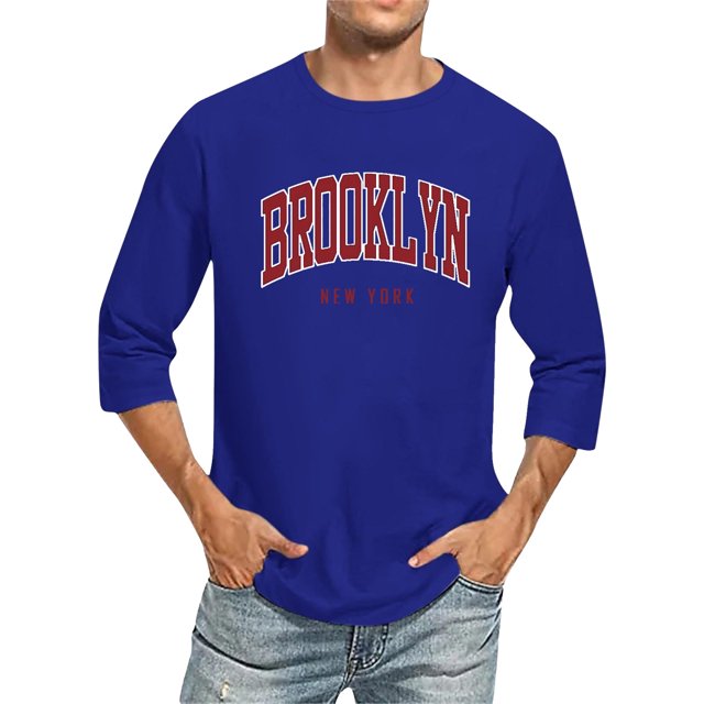 T-Shirts pour Hommes à Manches 3/4, Col Ras du Cou Confortable, Coupe Dégradé, T-Shirts Graphiques Bleus d'Automne, Taille TTTG