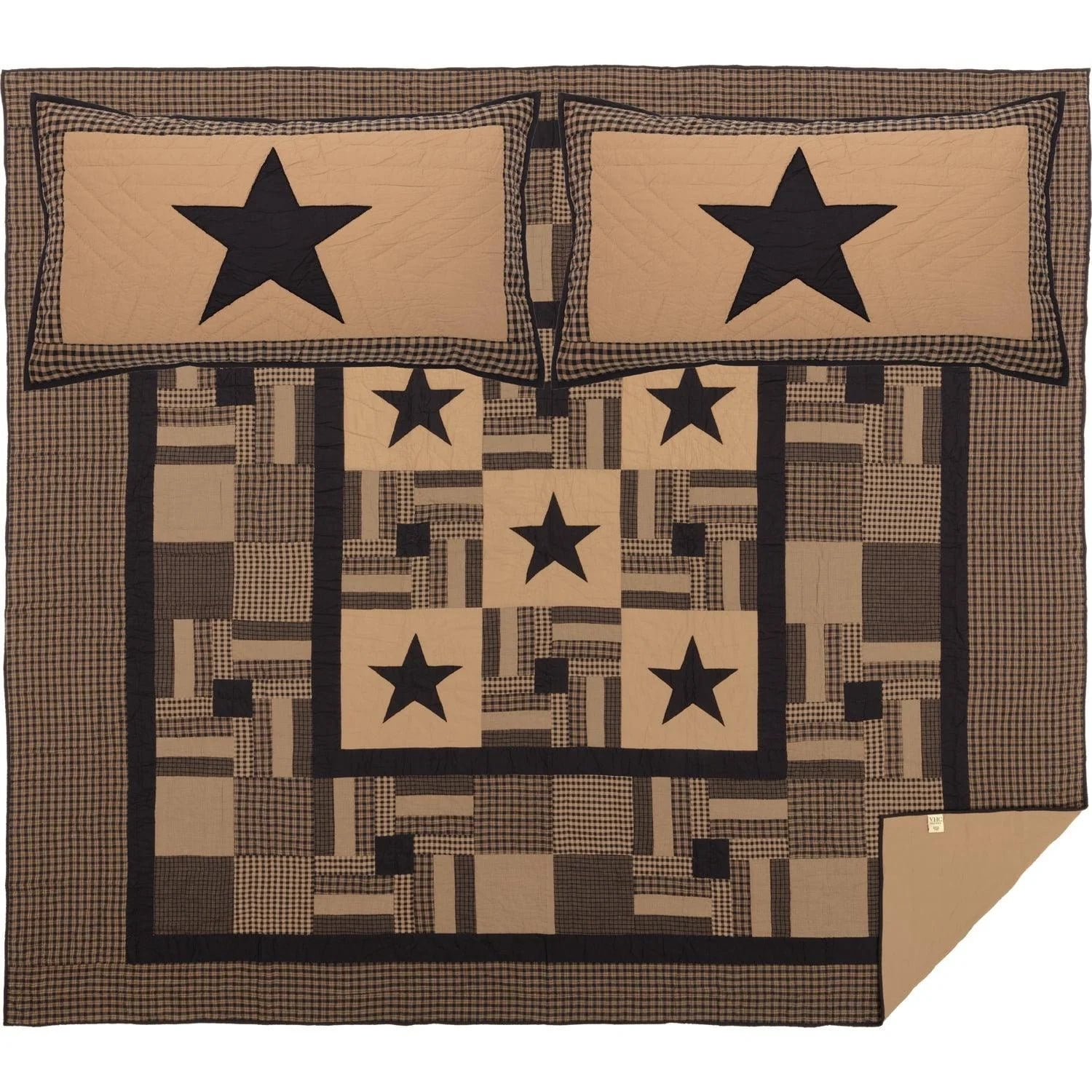 VHC Brands, Black Check Star, Cotton, 90Wx90L x 21x27, Queen Quilt w/ 2 Shams Set, Black