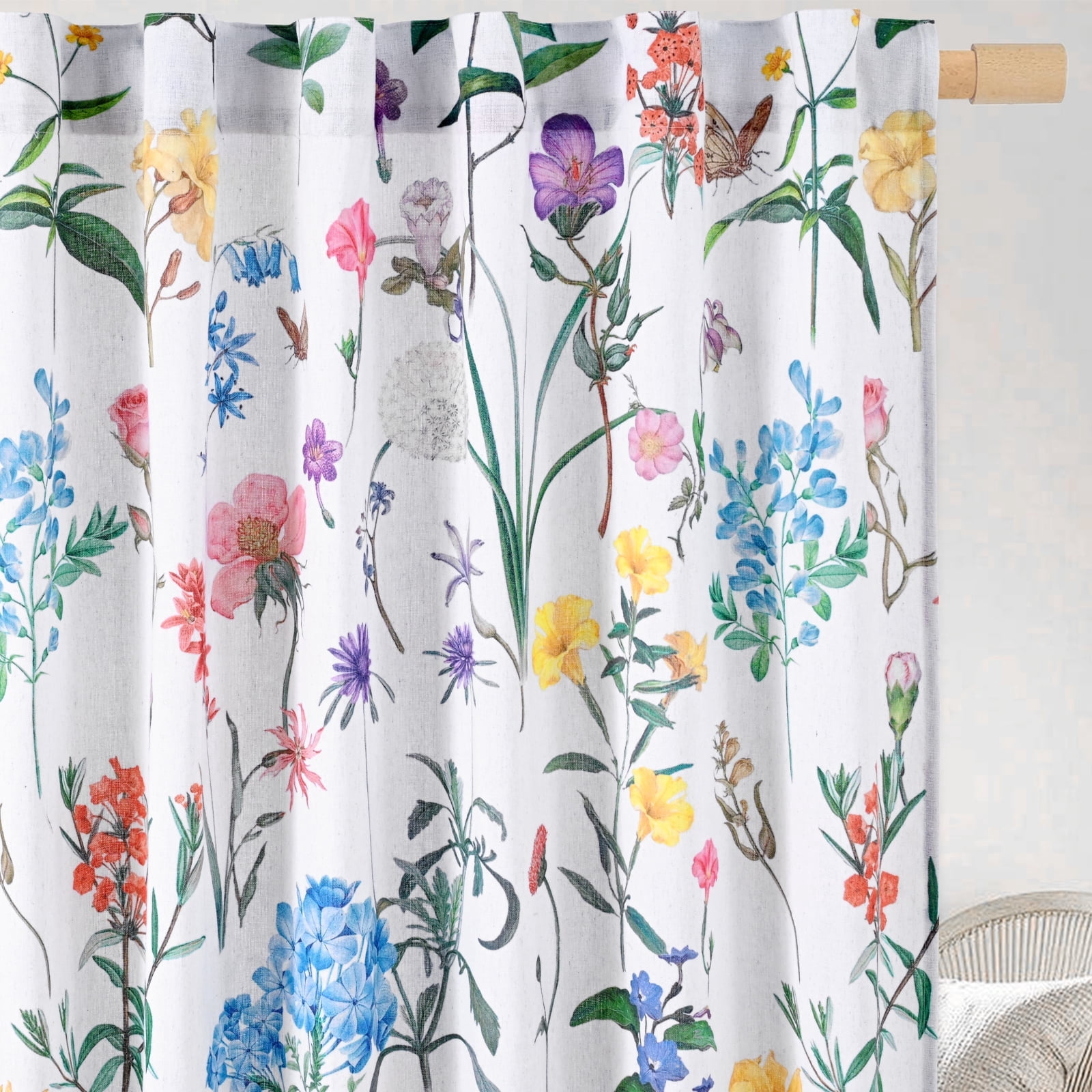 Invoibler Farmhouse Floral Semi Sheer Light Filtering Curtains, Cotton Blend Window Drapes for Living Room Bedroom, 52" W x 84" L, Set of 2