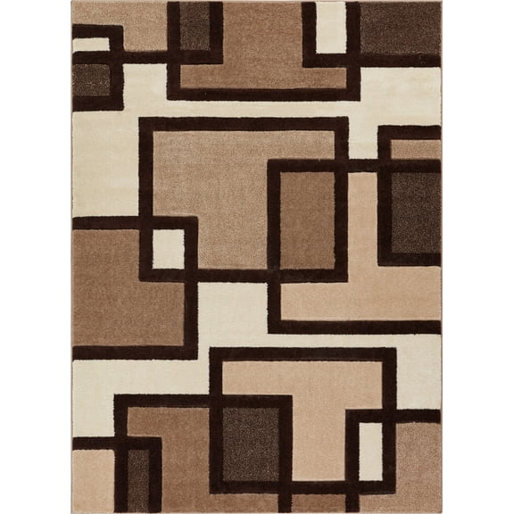 Uptown Squares Ivory & Brown Modern 6x9 7x9 ( 6'7" x 9'3" ) Geometric Casual Hand Carved Area Rug Easy to Clean Stain Fade Resistant Abstract Boxes Contemporary Thick Soft Plush Living Dining Room Rug