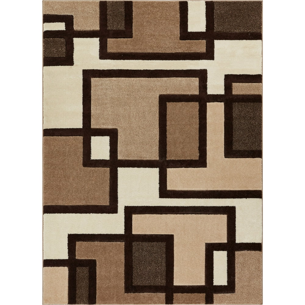 Uptown Squares Ivory & Brown Modern 6x9 7x9 ( 6'7" x 9'3" ) Geometric Casual Hand Carved Area