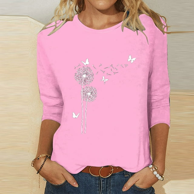 DPTALR T-shirt Imprimé pour Femmes Blouse à Manches 3/4 Col Rond Hauts Décontractés