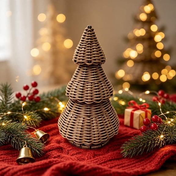 Handwoven Rattan Christmas Tree Decoration, Imitation Wicker Tabletop Ornament for Mantel Shelf Console Centerpiece, Rustic Festive Yard Party Office Seasonal Decor, Seasonal Home Accent