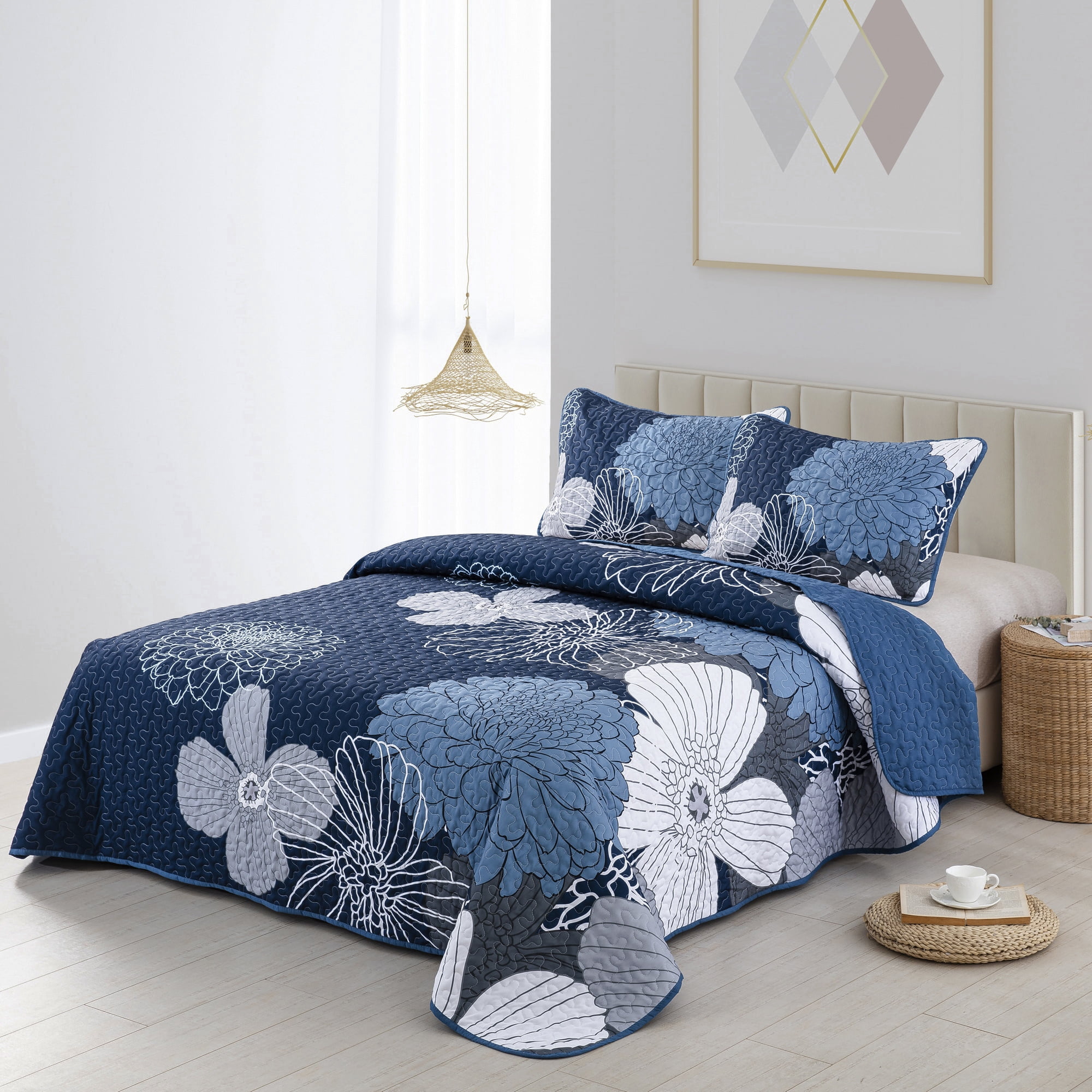 Dintszyayue Floral Quilt Set King Size,3Pcs Blue Bedding Set Lightweight Soft Adult(90"x110")