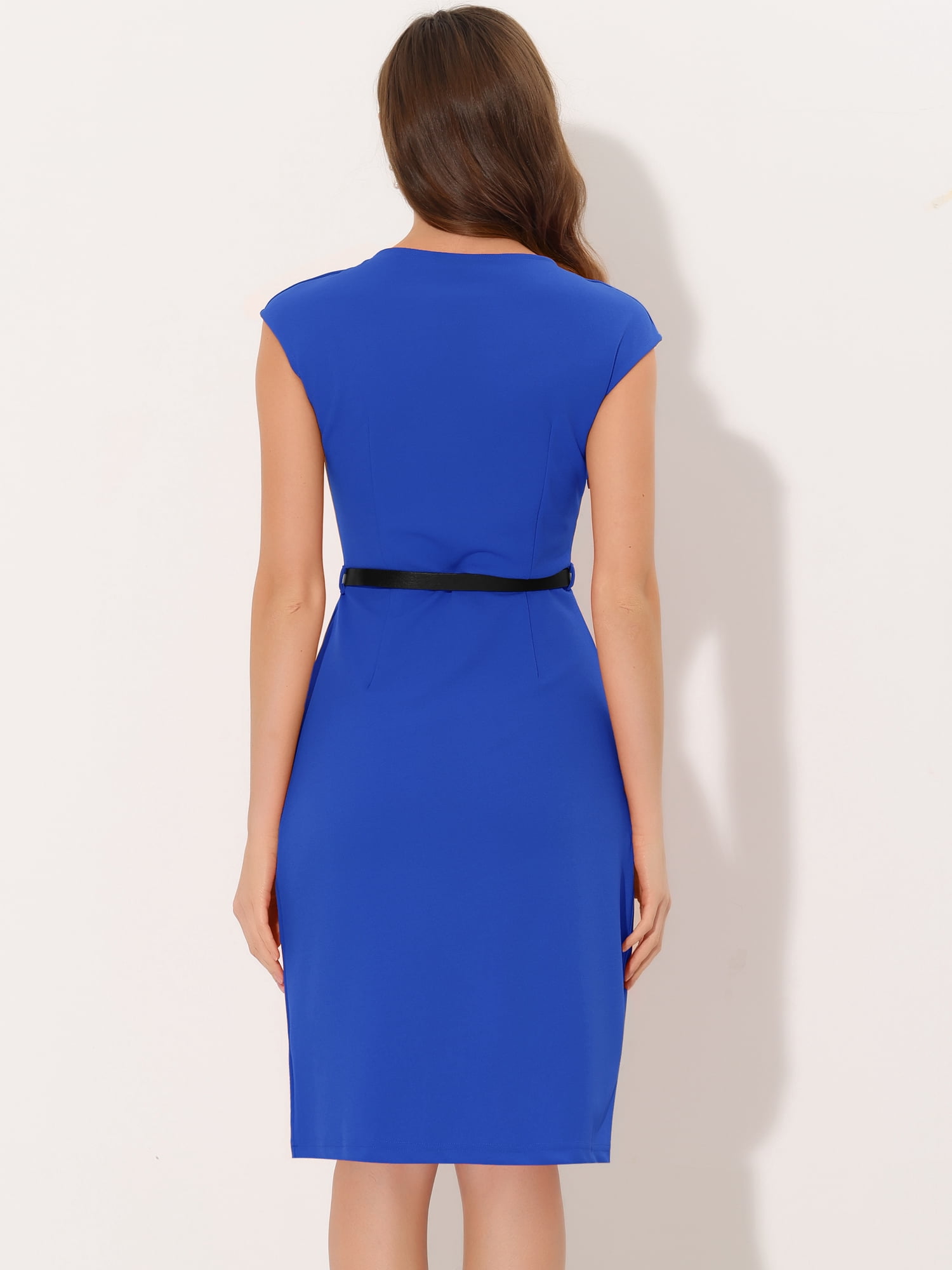 DARING DIVA Elegant Round Neck Cap Sleeve Belted Work Sheath Dresses S Royal Blue