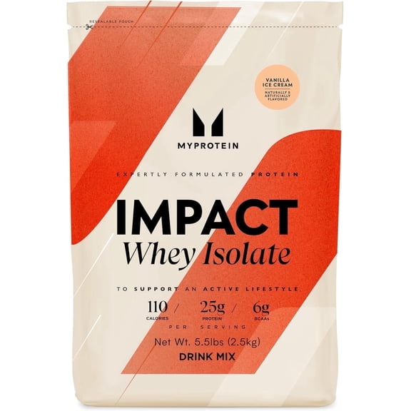 Myprotein Impact Whey Protein Isolate, 5.5 Lbs (81 Servings) Vanilla, 25g Protein, 3.5g Glutamine & 4.5g BCAA Per Serving, Protein Shake for Muscle Strength & Recovery