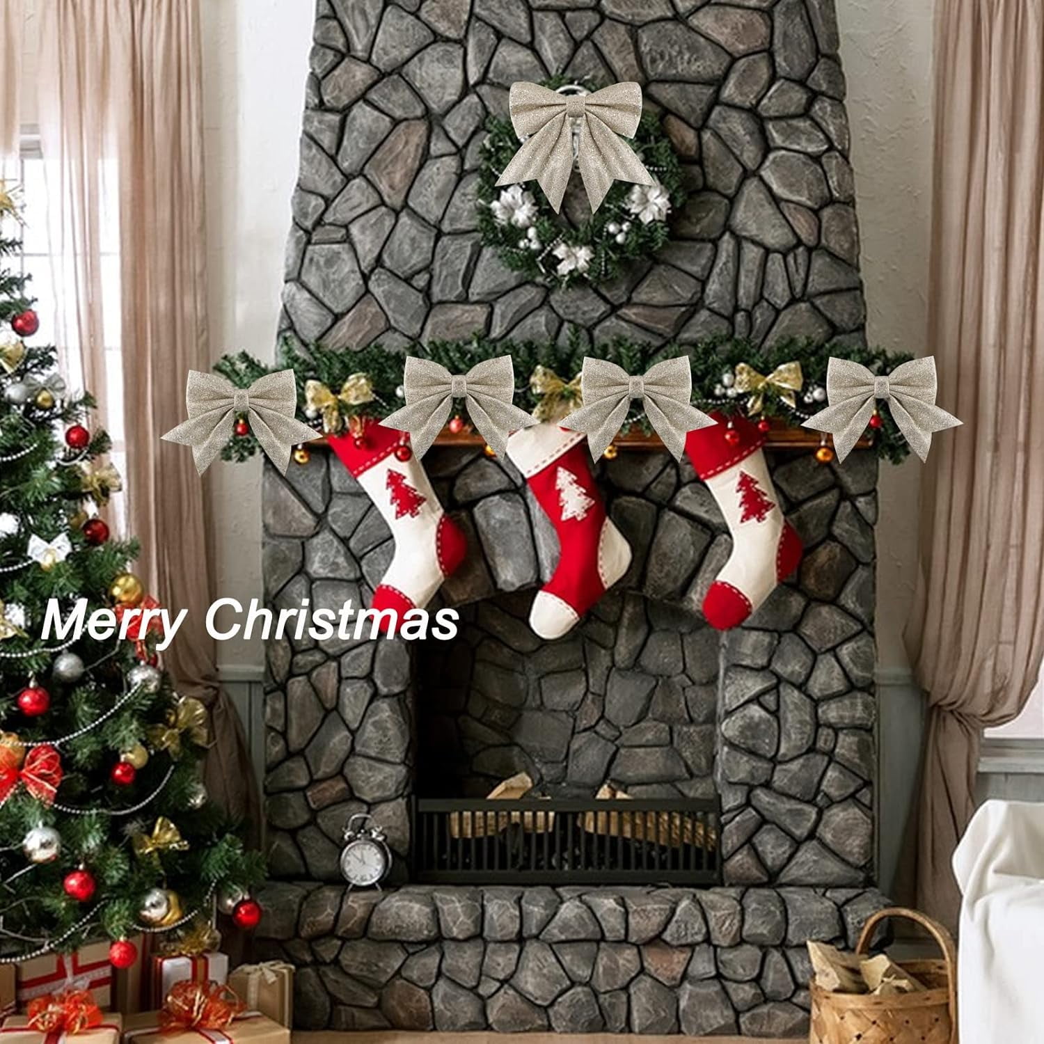 LINLIN Large Gold Glitter Bows for Christmas Tree Decoration- 5PCS Christmas Decorative Bows Christmas Tree Bow Christmas Bows Decorative Xmas Decor Wreath Ornament