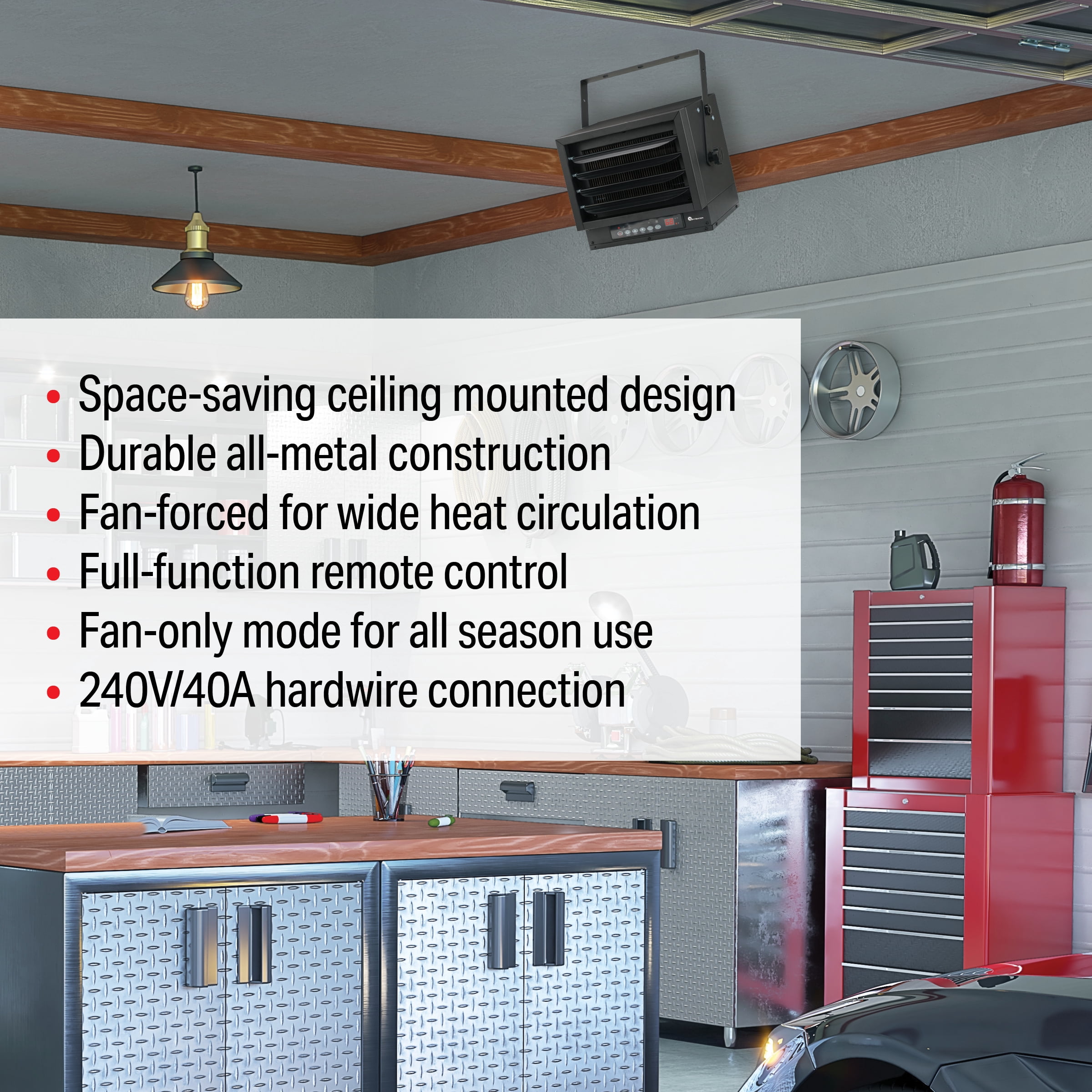 Mr Heater 7,500/6,250W 240V Ceiling Mount Electric Garage Heater with Adjustable Louvers and Digital Thermostat