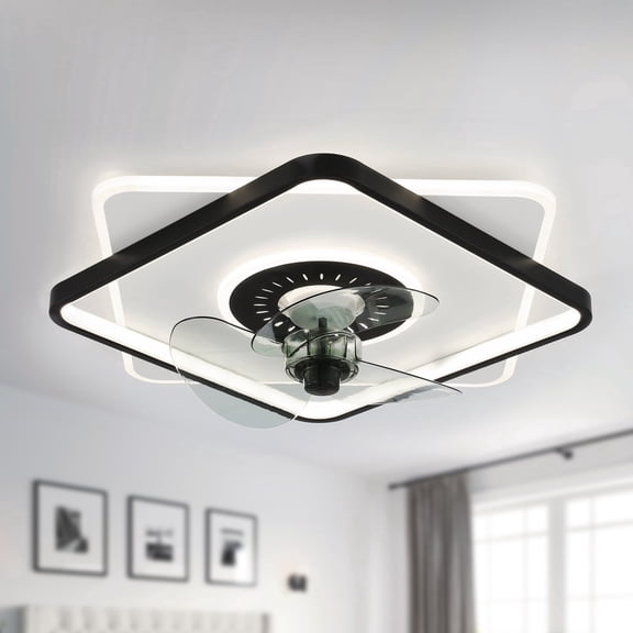 Chords Attic 20” Square Low Profile Ceiling Fan with LED Light and Remote/APP Control, Modern Black Flush Mount Retractable Fan Light for Bedroom, Living Room