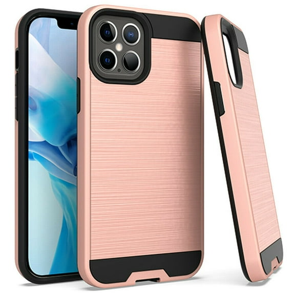 Kaleidio Case For iPhone 12 Pro Max (6.7") [Brushed Metal Texture] Hybrid 2-Piece Armor [Shockproof] Slim Cover [Rose Gold/Black]