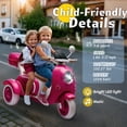 thumbnail image 4 of Okybaby 12V Kids Ride On 2-Seater Motorcycle with Dual Motors, 3 Wheels Electric Motorcycle with Bluetooth, Music, USB, LED Light, Battery Powered Ride on Toy Car for Kids Aged 3-6, Rose Red, 4 of 9