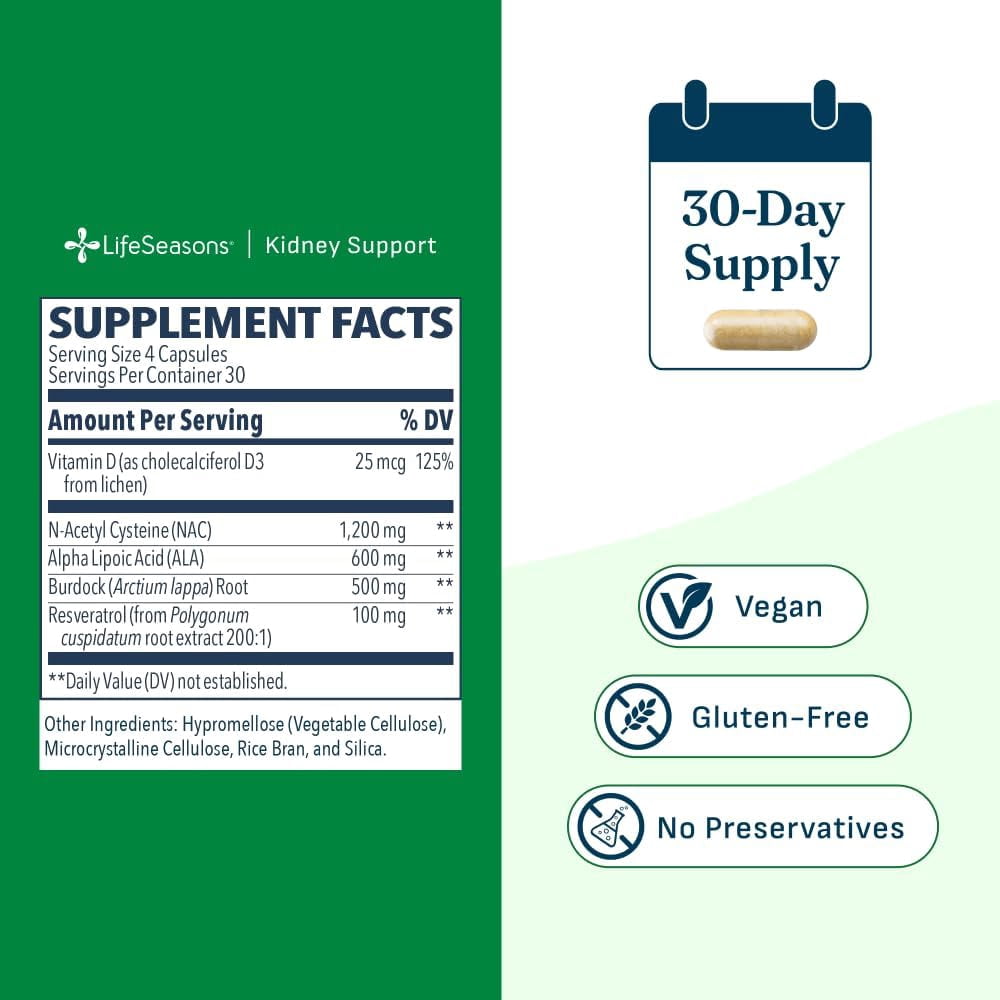 LifeSeasons Kidney Support Supplement – Cellular Protection with NAC, Alpha Lipoic Acid, Resveratrol, Burdock Root & Vitamin D3 – Supports Detox, Oxidative Stress & Renal Function – 120 Capsules