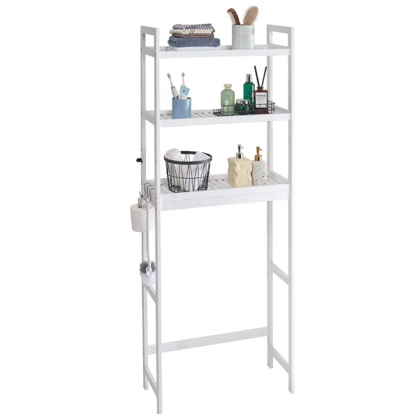 Over the Toilet Storage, 3-Tier Adjustable Over Toilet Bathroom Organizer, Bamboo Storage Shelf Rack with 3 Hooks, Freestanding Easy Assembly Laundry Space Saver, Fit Most Toilets, White