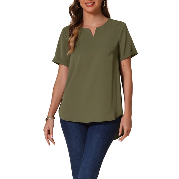 INSPIRAR CHIC Blusas de Verano Casuales para Mujeres con Cuello en V de Manga Corta y Dobladillo Curvo S Verde Ejército