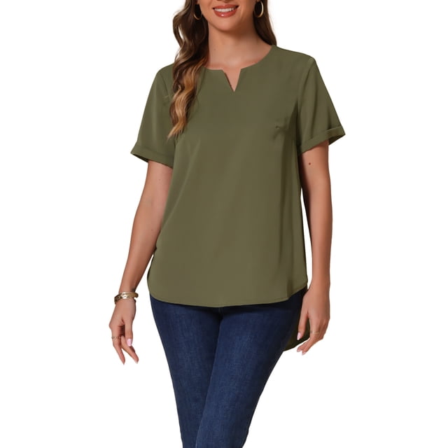 INSPIRAR CHIC Blusas de Verano Casuales para Mujeres con Cuello en V de Manga Corta y Dobladillo Curvo S Verde Ejército