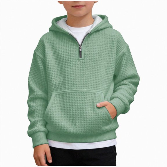 Nwiuh Boys Quarter Zip Hoodies - Waffle Knit Kids Long Sleeve Hooded Sweatshirts Teens Pullover Tops Clothes (Green, 3-4 Years)