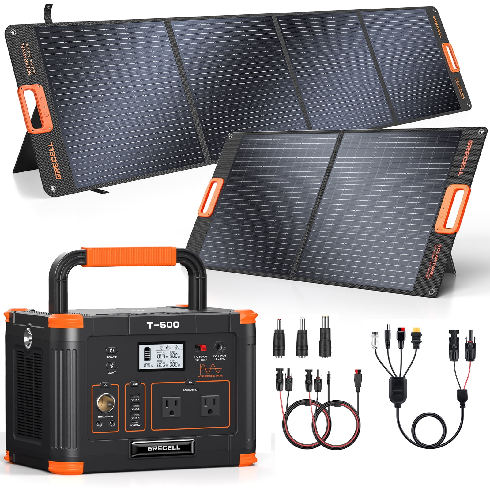 GRECELL 500W Power Station with 100W 200W Solar Panel Kit , 519Wh/140400mAh Solar Generator Outdoor Backup Lithium Battery Pack Power Supply with AC Outlet for Tent Camping Home Emergency Traveling RV