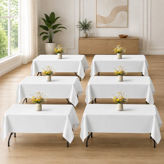 White Polyester Tablecloths 6 Pack 60 x 84 in Rectangle for 5 ft Tables, Washable and Wrinkle Resistant, Wedding Party Decor