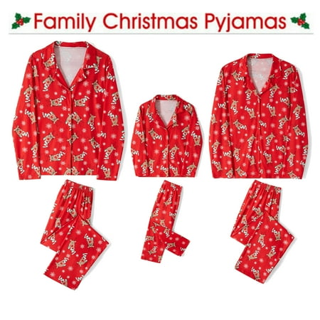 

Family Matching Christmas Pajamas Sets Deer Snowflake Print Lapel Long Sleeve Tops + Elastic Waist Long Pants Loungewear Set