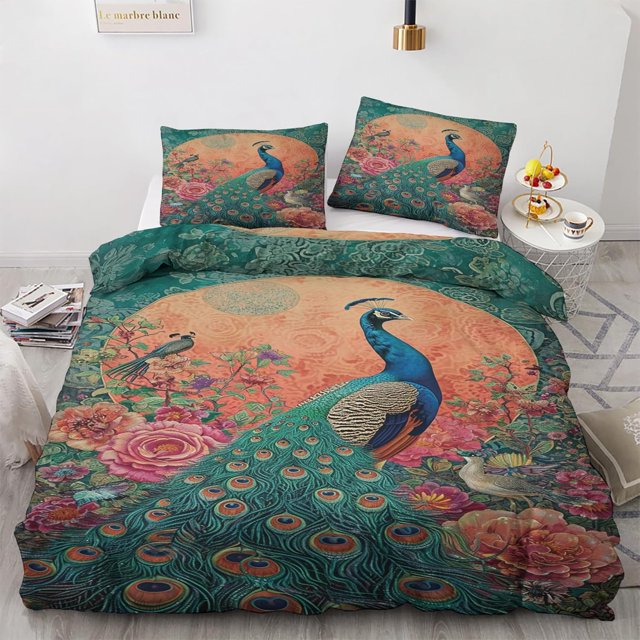 Funda Nórdica Queen Size, Funda Nórdica Rojo Teal con 2 Fundas de Almohada, Floral Fresh