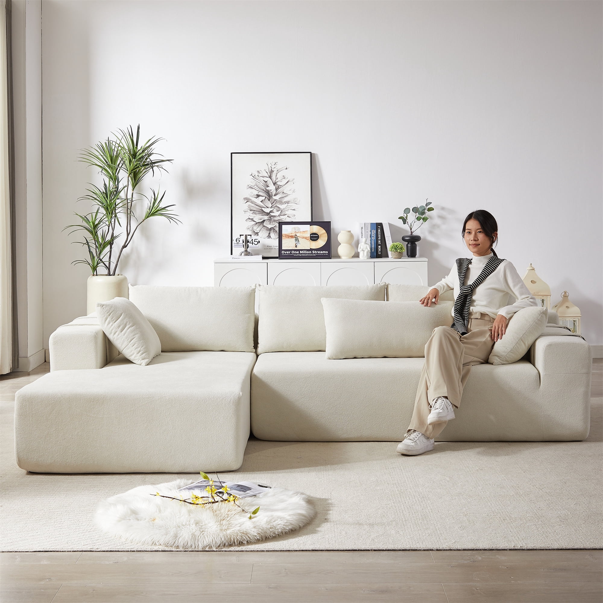 Aukfa 108" Modular Sectional Couch, Deep Seat Cloud Sofa with 6 Pillows, No Assembly, Left Chaise, Beige