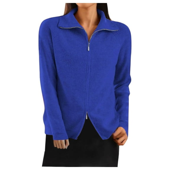 Women's Long Sleeve Shirts Open Front Cardigan Sweaters Collared Dual Zip Knit Sweater Jacket Coats