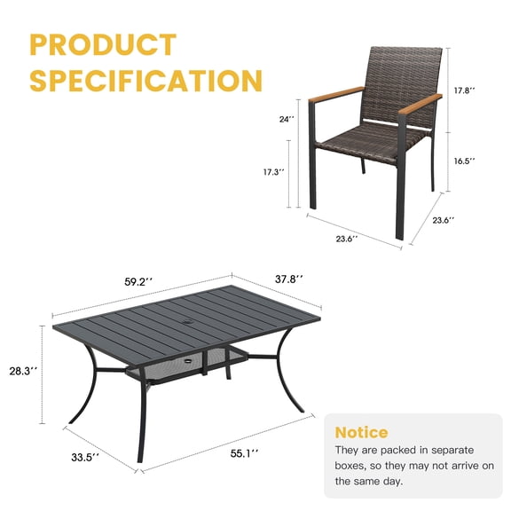 Vicllax 7-Pieces Patio Dining Set for 6, Includes 59" Rectangle Table and 6 Comfortable Chairs