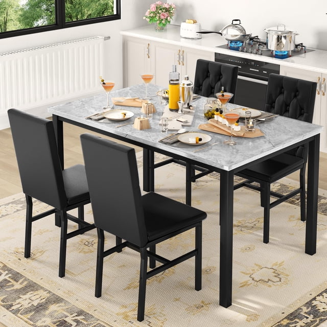 Furlinkhm Dining Table Set for 4 Faux Marble Kitchen Table and Chairs Set of 4, 5 Piece with PU Leather Upholstered Dinner Chairs for Compact Dining Room, Small Space, Black