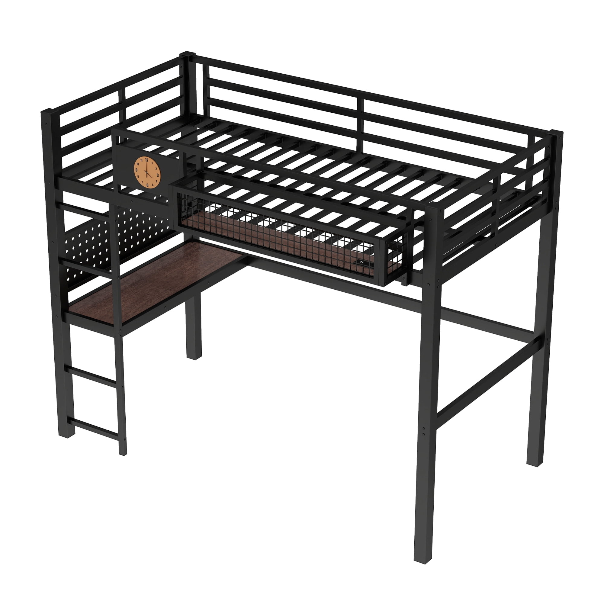 Leumius Twin XL Size Loft Bed with Desk,Metal Loft Bed Frame with Charging Port,Clock and Storage Basket,Black