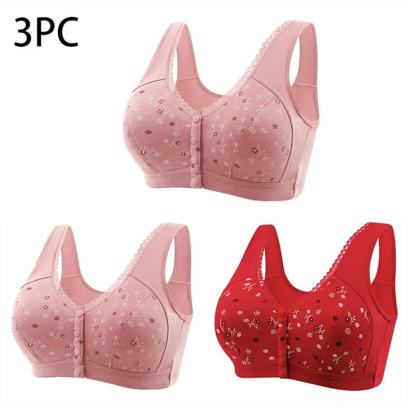 ylioge 3 Pack Front Closure Bras for Old Women Plus Size M-7X No Underwire Push Up Bralettes Soft Cotton Full-Coverage Underwear Bra